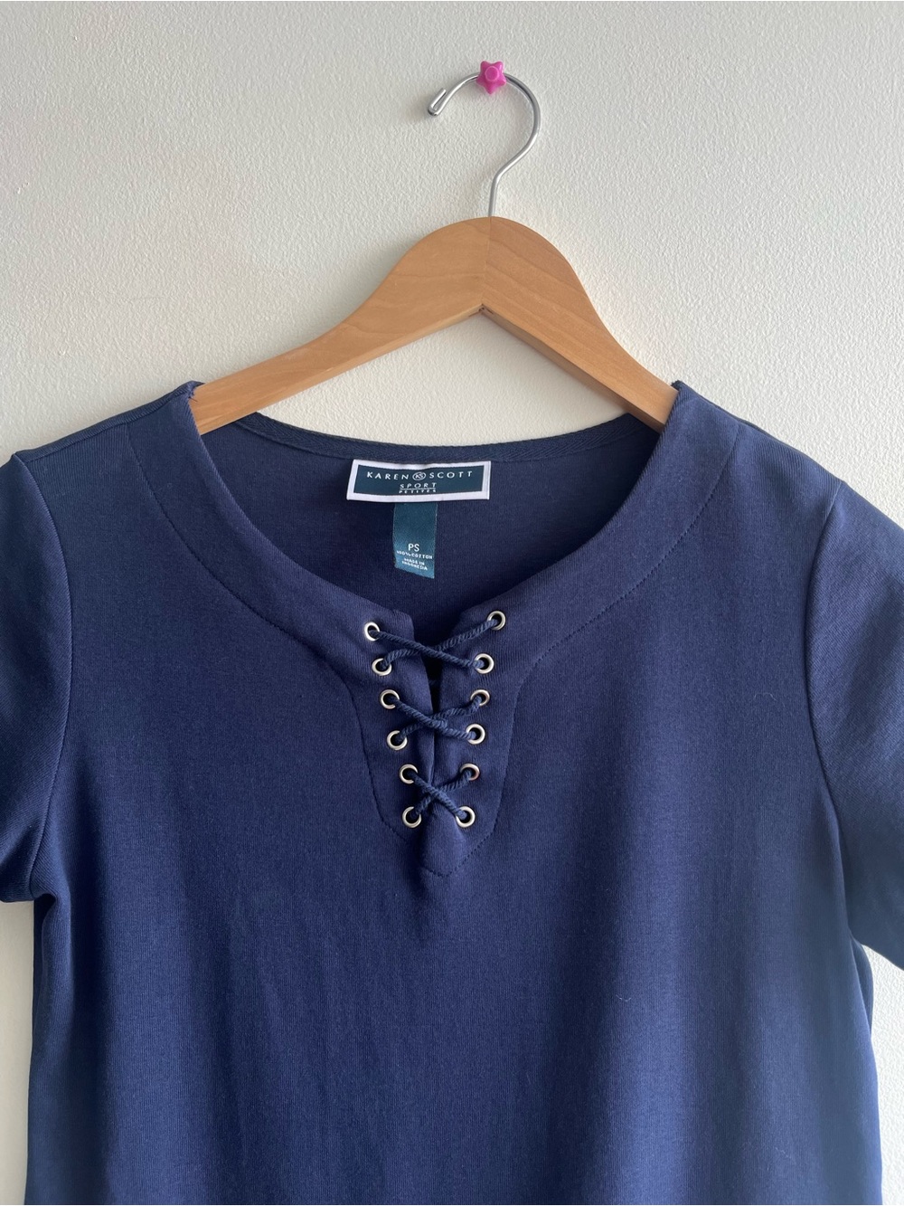 Karen Scott Navy Blue Lace-Up Shift Dress | Short Sleeve Knit Cotton Dress Sz S - Picture 2 of 7